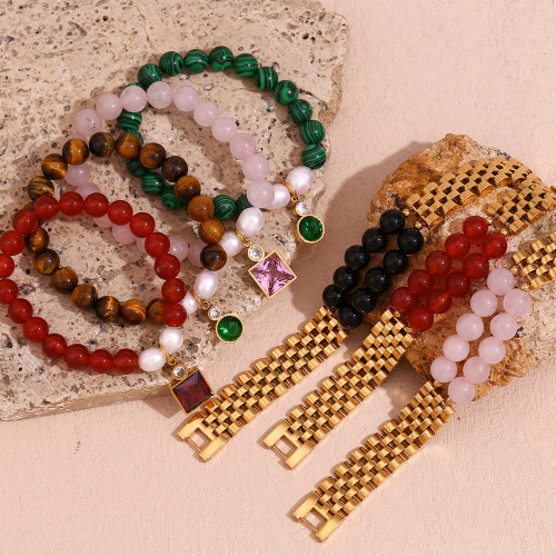 BTSMJ61 Stainless steel 18K plated watch strap chain natural stone beaded zircon splicing bracelet