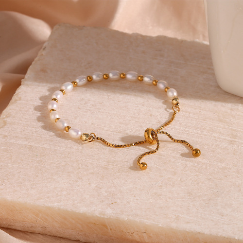 BTSMJ27 Bracelet jewelry stainless steel 18K plated freshwater pearl spacer drawstring bracelet