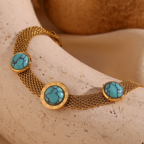 BTSMJ74 18K gold plated stainless steel plated round blue turquoise braided mesh chain bracelet for women