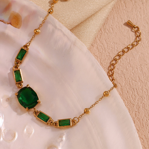 BTSMJ35 Stainless steel 18K gold plated oval green stone rectangular zircon bracelet for women