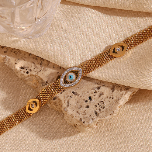BTSMJ75 18K gold plated stainless steel plated three eyes braided mesh chain bracelet for women