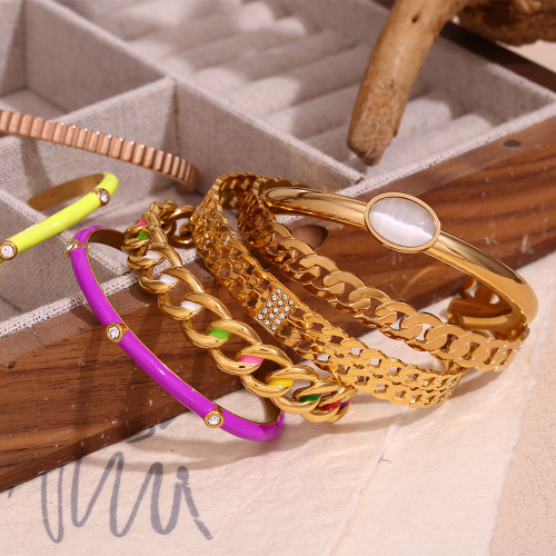 GTSMJ77 Chain open bracelet stainless steel 18K gold plated micro-inlaid vertical stripes dripping oil