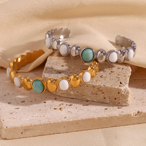 GTSMJ85 18K gold plated oval amazonite white jade open bracelet for women