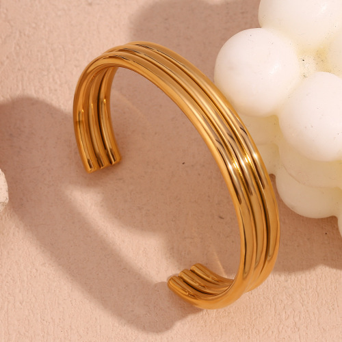 GTSMJ11 Open three-layer tube polished Bracelet stainless steel plated with 18K gold for women