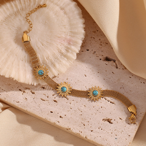 BTSMJ76 18K gold plated stainless steel plated turquoise sunflower braided bracelet for women