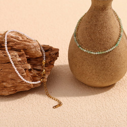 BTSMJ39 Beaded stainless steel 18K gold plated natural stone green opal O-shaped chain double-layer bracelet for women