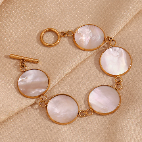 BTSMJ47 stainless steel 18K gold plated OT buckle natural mother-of-pearl round bracelet