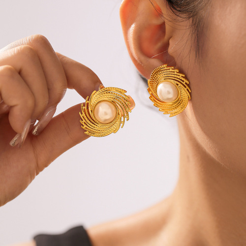 FXET855 Geometric thread inlaid Imitation pearl earrings for women, 18k gold plated braided