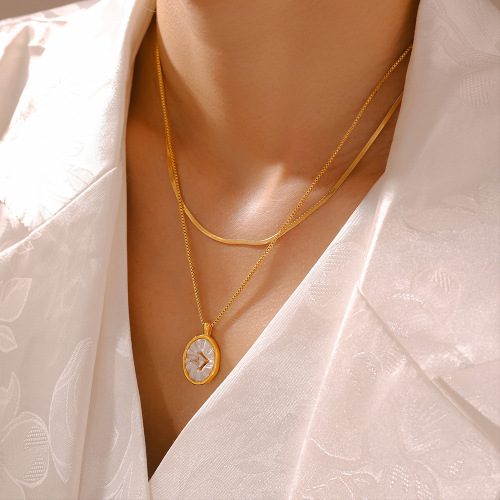 FXNT1421 Oval mother-of-pearl inlaid with zircon copper pendant clavicle chain plated with 18K real gold stacking