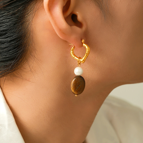 FXET819 Hepburn love tassel imitation pearl tiger eye stone earrings stainless steel 18k gold plated earrings