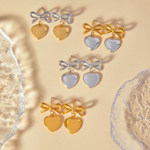 FXET912 Korean bow jewelry, geometric heart pendant, gold-plated earrings