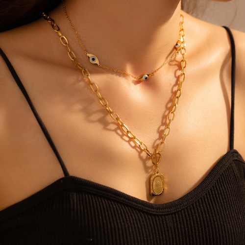 FXNT1315 OT buckle textured square brand jewelry oil drop eye pendant double-layer stacking necklace Chain