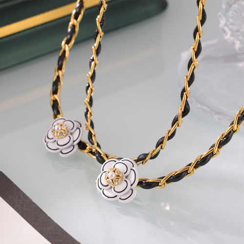 FXNT1438 Korean clear leather rope wrapped jewelry inlaid diamond paint camellia pendant titanium