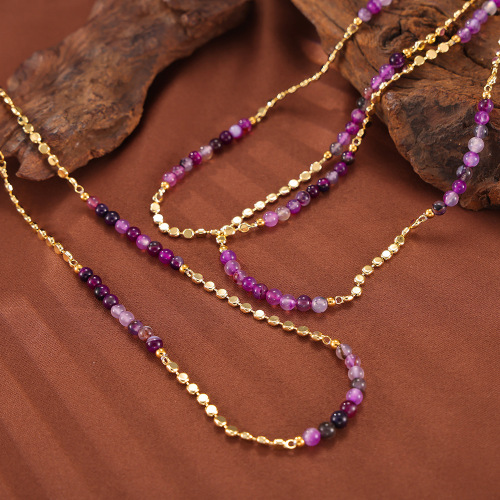FXNT1412 Bohemian natural stone round beaded purple agate handmade copper necklace clavicle chain