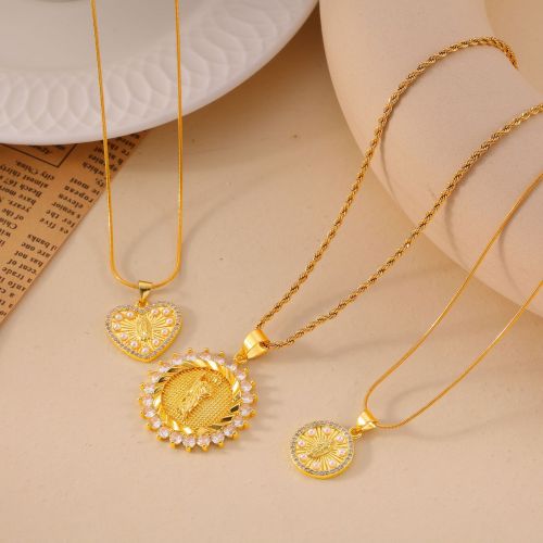 FXNT1405 Vintage necklace relief portrait diamond shell bead copper pendant