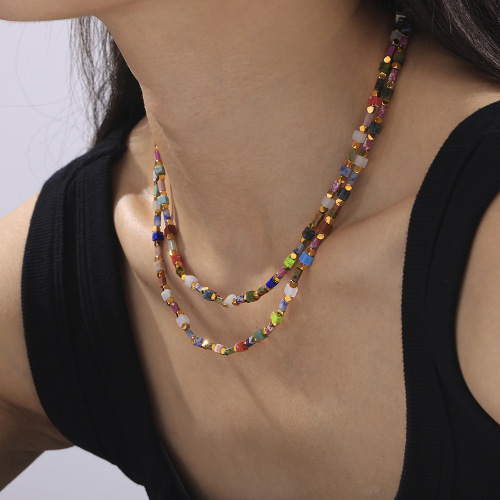 FXNT1454 Bohemian jewelry mixed natural color stone handmade beaded titanium