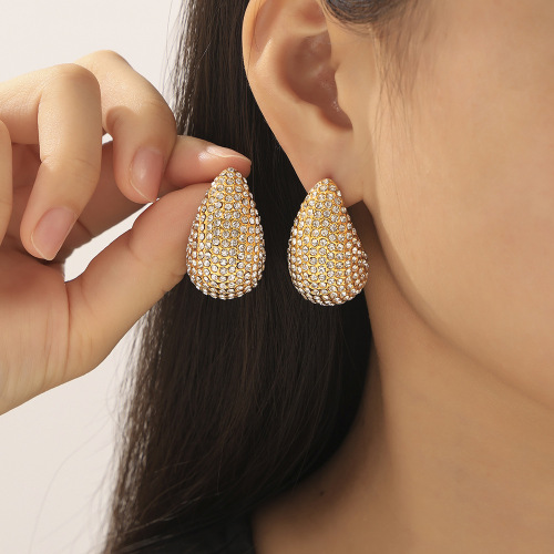 FXET1022 Imitation pearl heart three-dimensional glass stone full earrings copper material 2024 hot