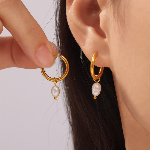 FXET841 Hepburn gentle freshwater pearl earrings, geometric gold-plated earrings