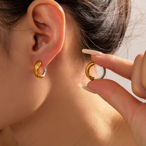 FXET1065 Micro-diamond round eight-pointed star earrings 18K Real gold plain hoop ear buckles