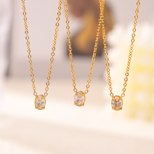 FXNT1393 Minimalist thin chain oval pendant inlaid with zircon necklace gold-plated clavicle chain