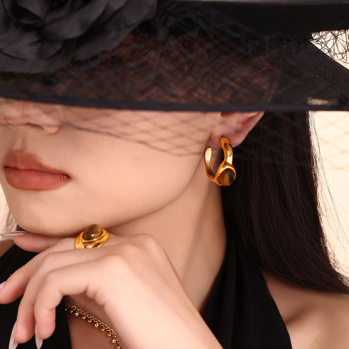 FXET781 Natural tiger eye stone C-shaped earrings open ring stainless steel PVD electroplating Maillard jewelry wholesale