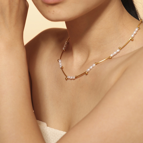 FXNT1305 Natural Baroque imitation pearl batch flower tube spacer bead clavicle chain necklace plated with 18k real gold