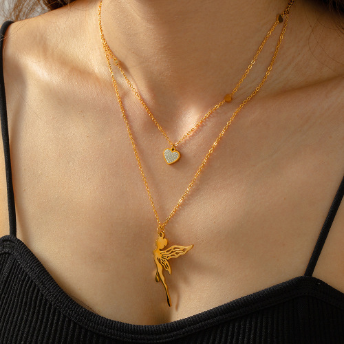 FXNT1363 Korean sweet double-layered necklace angel pendant diamond heart jewelry