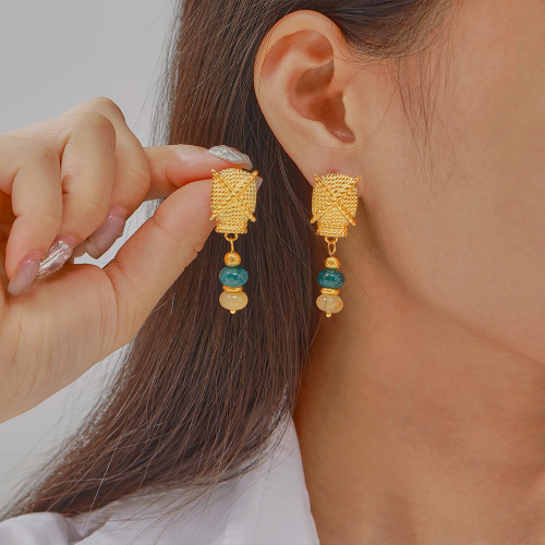FXET890 Gold-plated texture earrings colored natural stone earrings