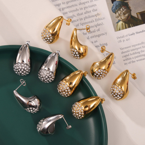 FXET909 Earrings with geometric water drop shape, gold-plated earrings with diamonds