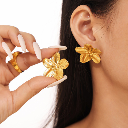 FXET830 Flower earrings, geometric irregular hammered wrinkle earrings, 18k gold-plated complex