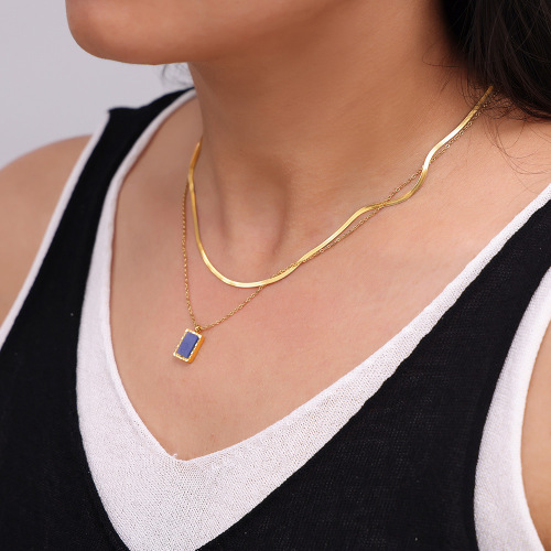 FXNT1321 Natural blue lapis lazuli geometric square clavicle chain 18K gold-plated stacking necklace female