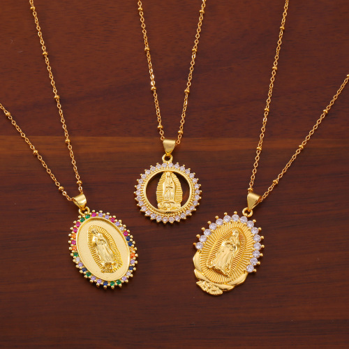 FXNT1414 British carved Virgin Mary copper pendant inlaid with zircon necklace