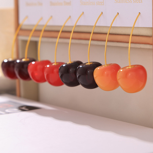 FXET858 Xiaoqing cherry long earrings for women, stainless steel resin cherry stud earrings