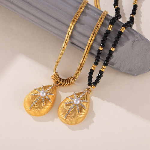 FXNT1353 Eight-pointed star diamond pendant necklace, stainless steel, ocean shell texture, black faceted bead necklace
