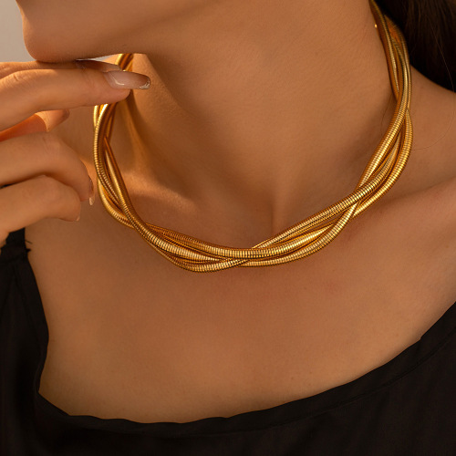 FXNT1309 Heavy gold three-wire winding collar necklace stainless steel 18k real gold plated punk necklace