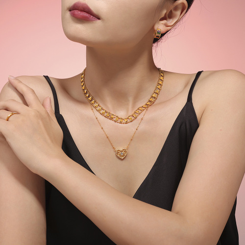 FXNT1290 Sweet double-layer stacking peach heart necklace environmentally friendly copper plated PVD vacuum plating Jewelry wholesale