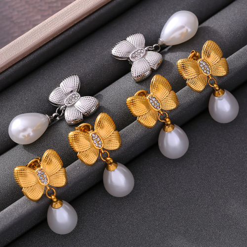 FXET861 Bow-knot tassel imitation pearl earrings for women, diamond-plated 18k gold plated earrings