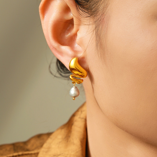 FXET817 Spiral freshwater pearl earrings stainless steel 18k gold plated ocean earrings wholesale