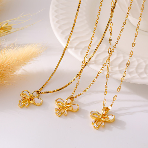 FXNT1328 Fringed water shell double bow copper pendant necklace fairy 18k real gold plated clavicle chain
