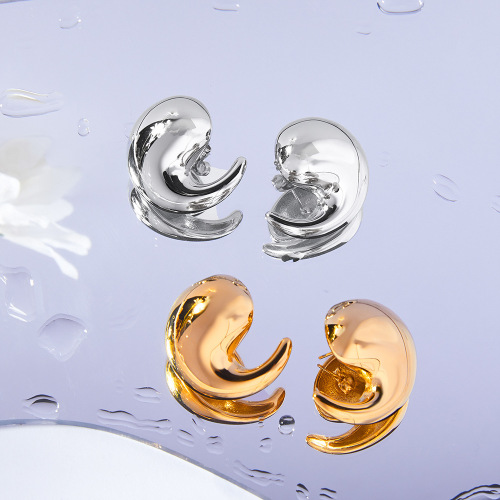 FXET902 Curved water drop earrings, textured glossy 18K gold-plated stainless steel earrings