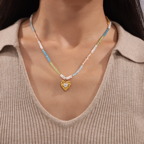 FXNT1346 Malachite heart inlaid pearl pendant 18k real gold plated natural stone necklace wholesale