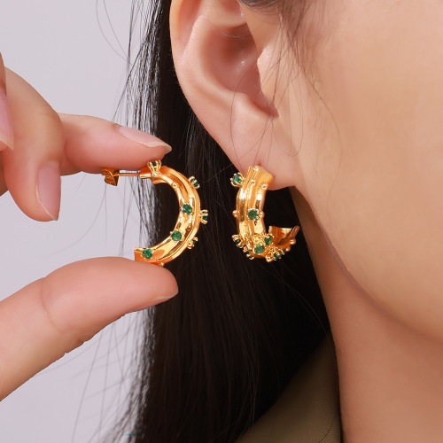 FXET837 Geometric C-shaped earrings with green glass stones, copper material, 18k gold plated earrings for women