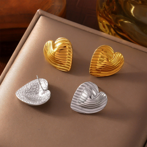 FXET921 Geometric line texture heart-shaped earrings, gold-plated earrings