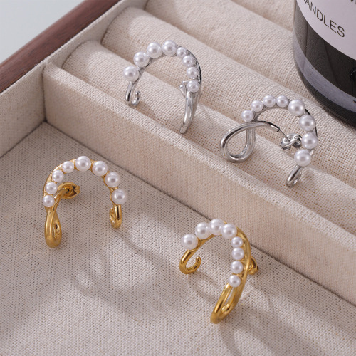 FXET905 Hepburn style inlaid shell beads, double-layer line gold-plated C-shaped earrings