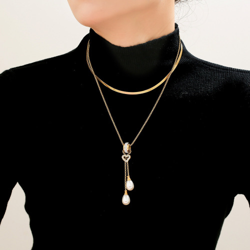 FXNT1286 Hook and loop love tassel imitation pearl pendant necklace stainless steel gold plated stacking necklace jewelry for women