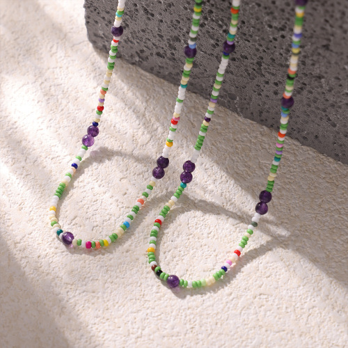 FXNT1333 Dopamine natural stone round bead chain Bohemian handmade colorful beaded necklace light luxury necklace female