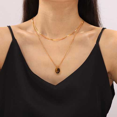 FXNT1368 Maillard rice bead chain jewelry irregular round plate tiger eye stone pendant necklace