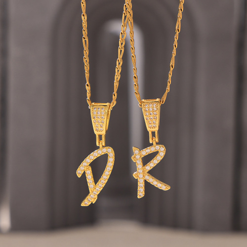 FXNT1342 Micro-inlaid zircon flower body single cursive letter pendant necklace hip-hop gold plated