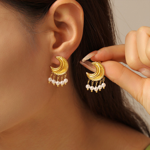FXET824 Moon tassel imitation pearl earrings Irregular geometric earrings