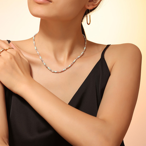 FXNT1299 Sweet and beautiful dopamine beaded necklace with new color natural stone stainless steel clavicle chain stacking